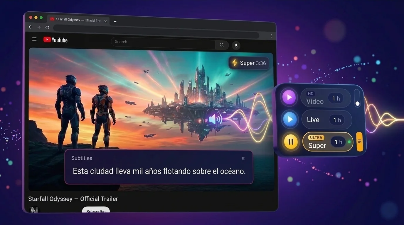Super mode on a YouTube video: live translated subtitles and the minutes counter